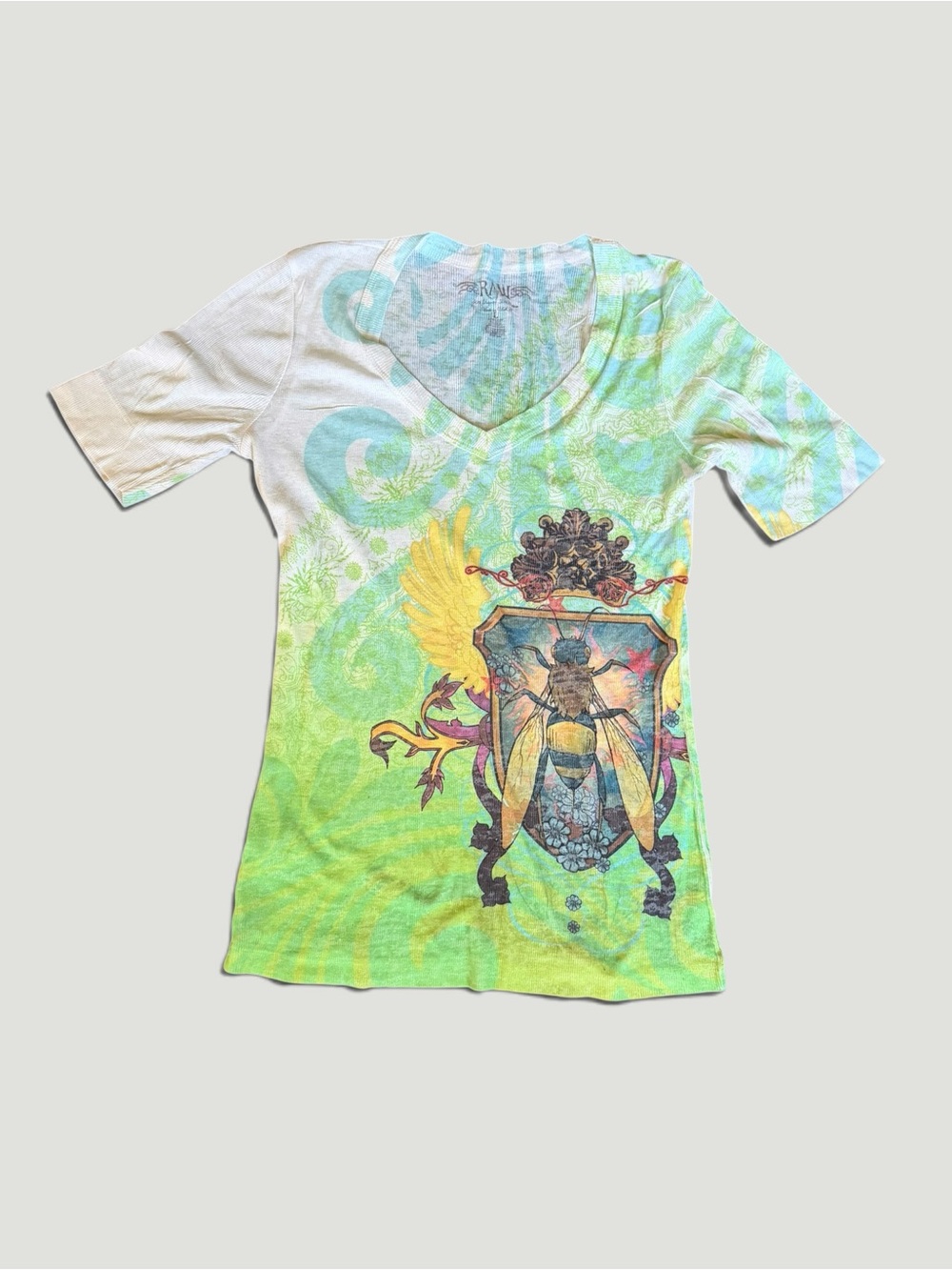 Raw V-Neck Short Sleeve Tee in Green Multi